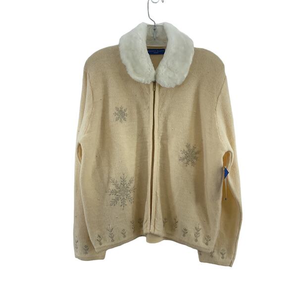 Karen Scott Vintage Cream Snowflake Removable Collar Wool Cardigan Women's M NWD - Picture 1 of 5